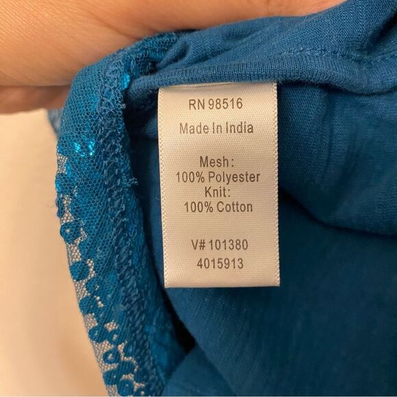 Coldwater Creek aqua teal blue allover sequin chevron art deco glam blouse  L 14 - Picture 7 of 9